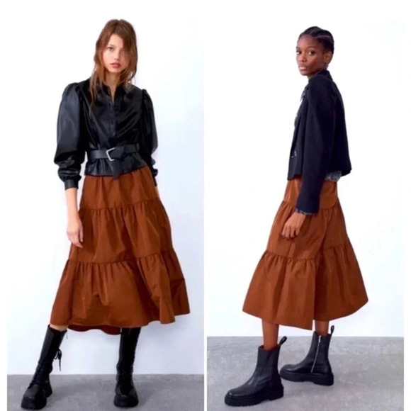 Zara Womens Tiered Flared Asymmetrical Midi Skirt Burnt Orange Size Large - Picture 2 of 11